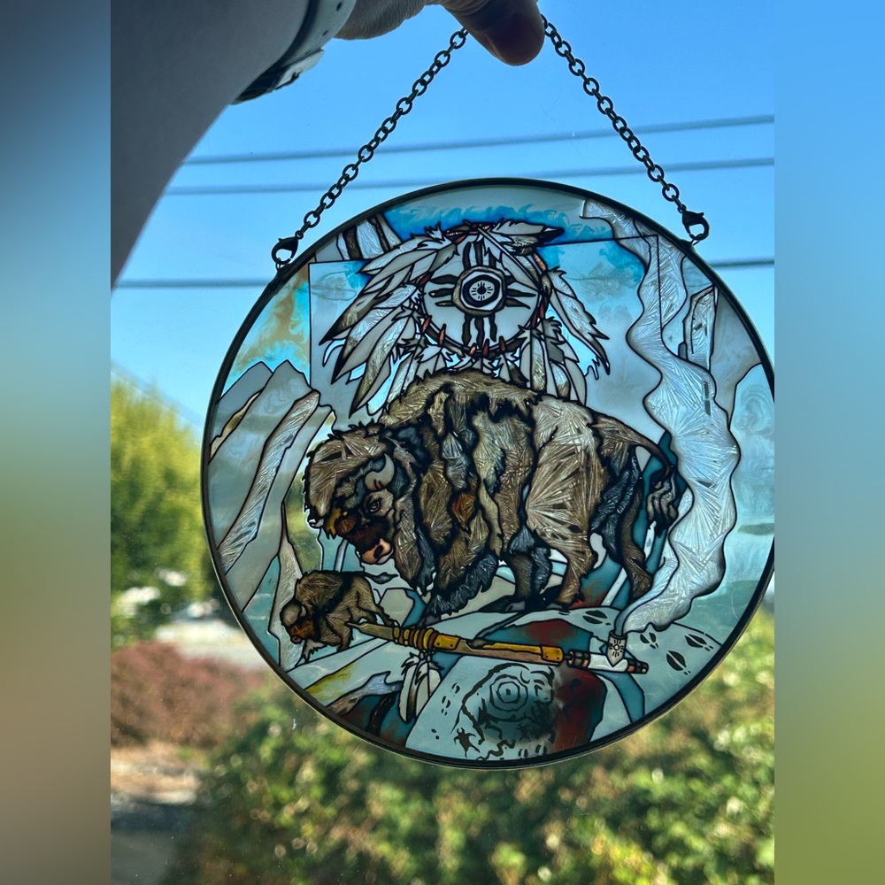 Buffalo suncatcher stained glass native American dream catcher hand painted Amia